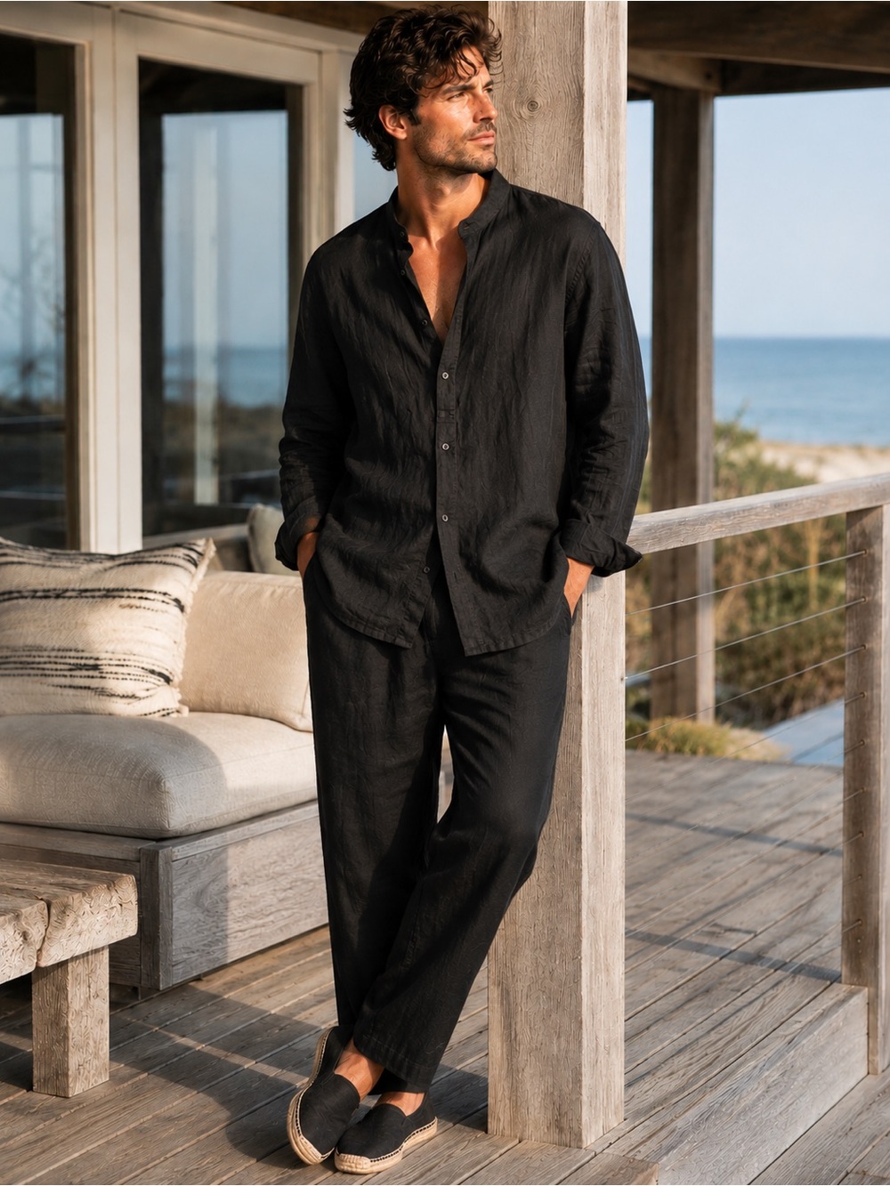 Murano Black Casual Button-Down Linen-Blend Shirt